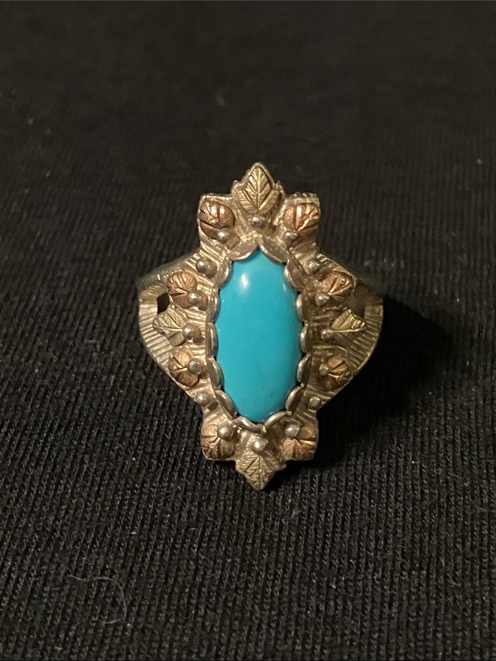 vintage Black Hills Gold turquoise leaf statement ring Size 9